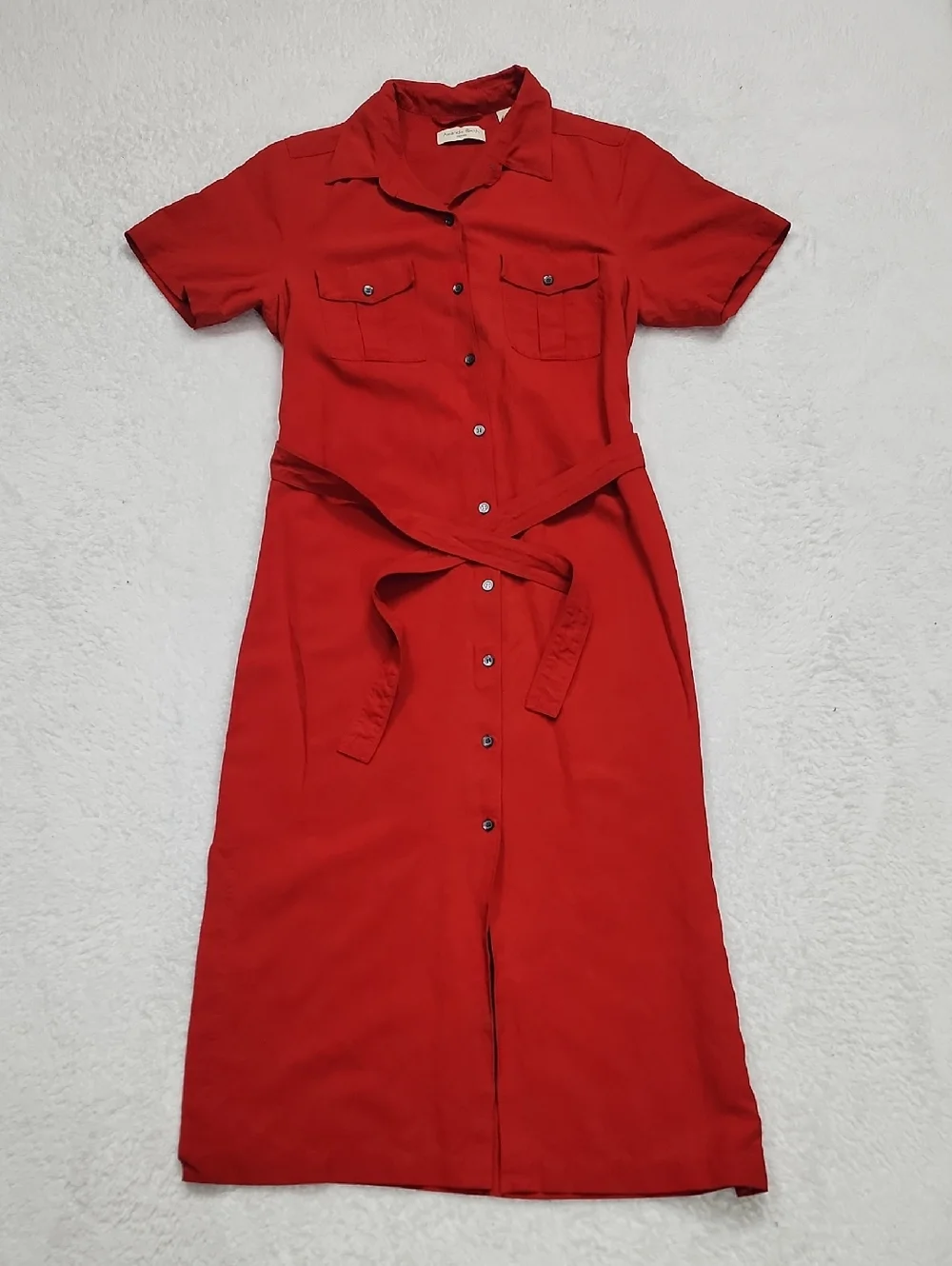 Vintage Amanda Smith Red Midi Button Front Dress Linen & Silk Tie Waist - Picture 1 of 8